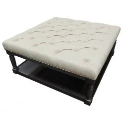 Aurel Smoked Grey Beige Linen Square Ottoman by Best Master Furniture