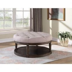 Bevan Smoked Grey Beige Linen Circular Ottoman by Best Master Furniture -Inspired Home Sales Store beige smoked grey best master furniture ottomans dx1500b 31 1000