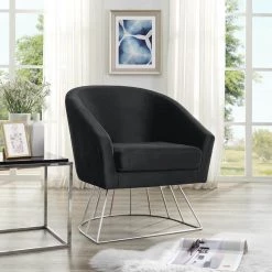 Esmeralda Velvet Black/Silver Modern Contemporary Barrel Accent Chair with Metal Base by Inspired Home