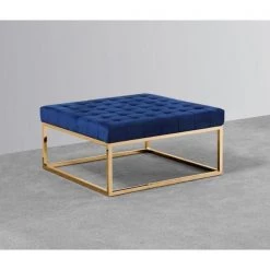 Adnan Tufted Blue Velour Square Gold Plated Ottoman by Best Master Furniture -Inspired Home Sales Store blue gold best master furniture ottomans e39 31 1000