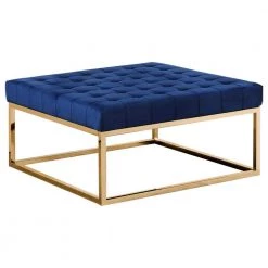 Adnan Tufted Blue Velour Square Gold Plated Ottoman by Best Master Furniture