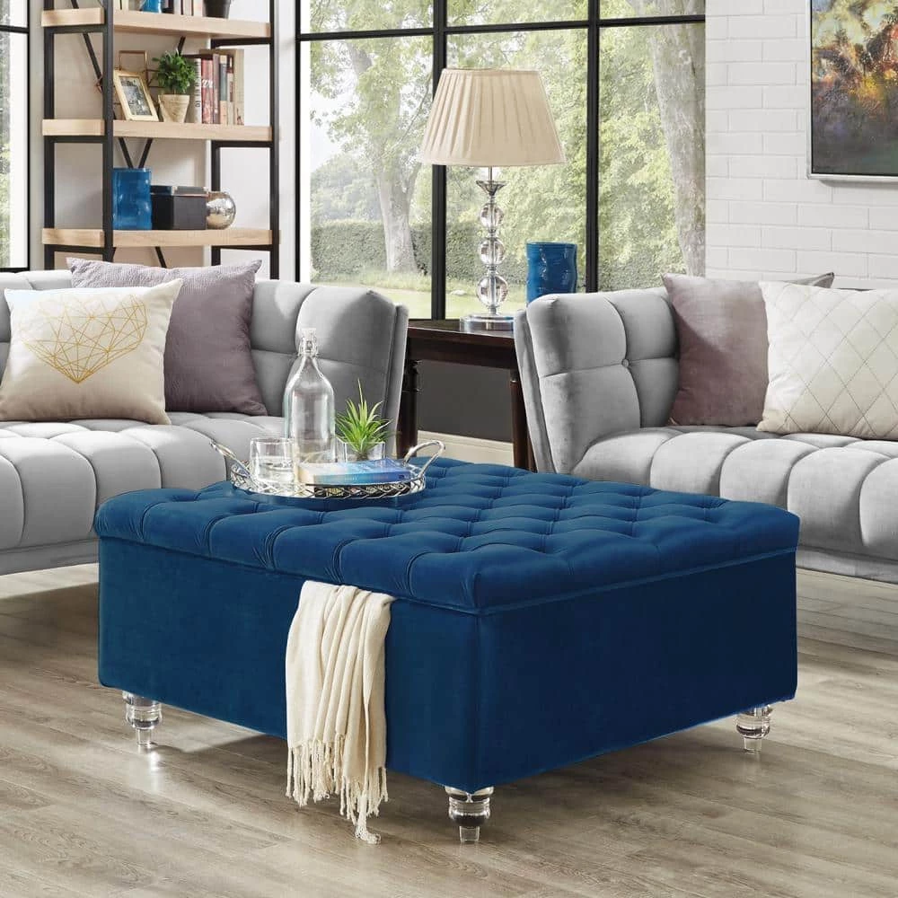 Saige Blue Velvet Tufted Square Acrylic Leg Cocktail Table Storage Ottoman by Inspired Home 3 Saige Blue Velvet Tufted Square Acrylic Leg Cocktail Table Storage Ottoman by Inspired Home