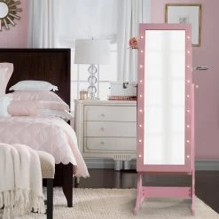 Amelie Marquee LED Light Cheval Floor Mirror Blush Jewelry Armoire Organizer by Inspired Home