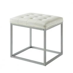 Lucas Cream White PU Leather Button Tufted Metal Frame Cube Ottoman by Inspired Home