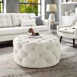 Drita Cocktail Table Ottoman Cream White Linen Tufted Allover Round Caster Leg by Inspired Home