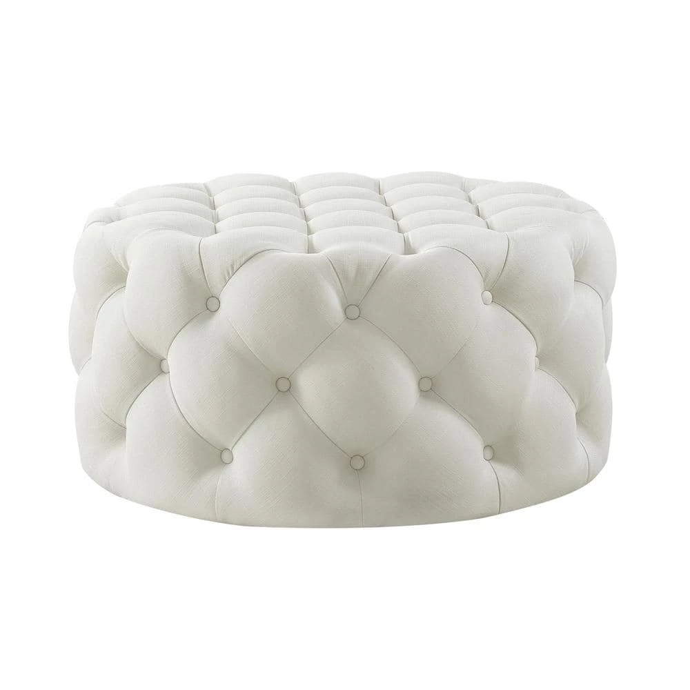 Drita Cocktail Table Ottoman Cream White Linen Tufted Allover Round Caster Leg by Inspired Home 6 Drita Cocktail Table Ottoman Cream White Linen Tufted Allover Round Caster Leg by Inspired Home - Image 4