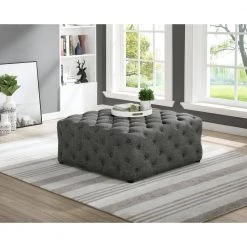 Bevis 40 in. Dark Grey Tufted Linen Square Ottoman by Best Master Furniture -Inspired Home Sales Store dark grey best master furniture ottomans sh001gl 31 1000
