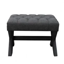 Charlize Dark Grey Linen Button Tufted Silver Nailhead Trim X-Leg Ottoman by Inspired Home