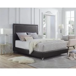 Samuele Espresso PU Leather Nailhead Trim Platform Queen Bed by Inspired Home -Inspired Home Sales Store espresso pu leather inspired home panel beds bd34 01eoq hd 31 1000