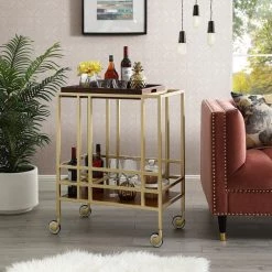 Mako Gold/Walnut Bar Cart with Removable Serving Tray by Inspired Home