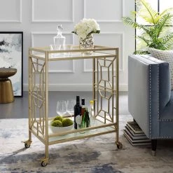 Mimi Gold/White Bar Cart with Open Wine Bottle and Stemware Storage by Inspired Home