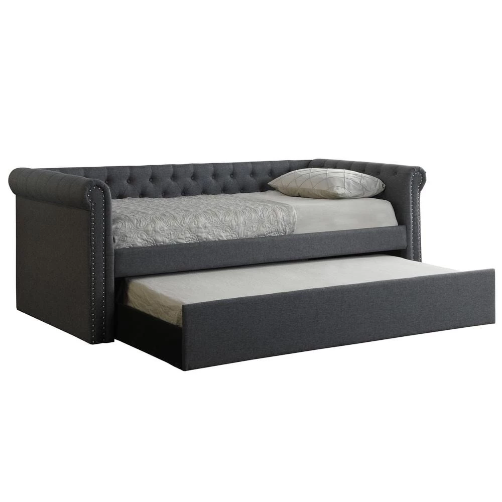 Rosita Gray Tufted Linen Twin Daybed with Trundle by Best Master Furniture 3 Rosita Gray Tufted Linen Twin Daybed with Trundle by Best Master Furniture