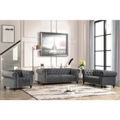 Flotilla 89 in. W Round Arm Velvet Chesterfield Straight Sofa in Gray (3-Seater) by Best Master Furniture -Inspired Home Sales Store gray best master furniture sofas couches f010gs 31 1000