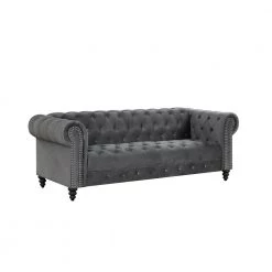 Flotilla 89 in. W Round Arm Velvet Chesterfield Straight Sofa in Gray (3-Seater) by Best Master Furniture