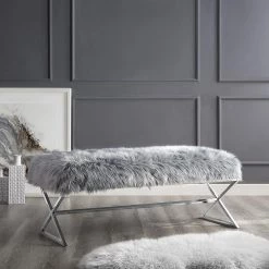 Elora Metal X-Leg Grey/Chrome Faux Fur Bench by Inspired Home