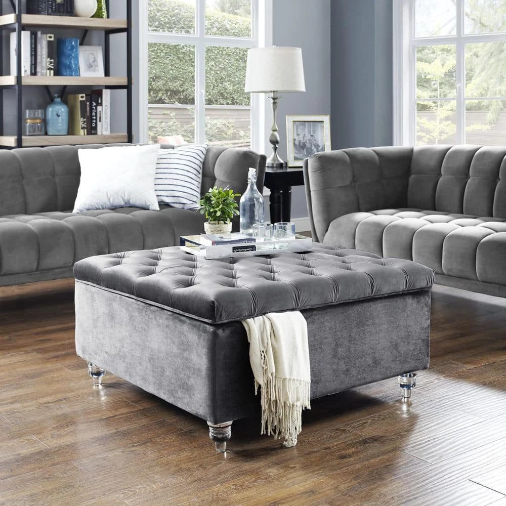 Saige Grey Velvet Tufted Square Acrylic Leg Cocktail Table Storage Ottoman by Inspired Home 11 Saige Grey Velvet Tufted Square Acrylic Leg Cocktail Table Storage Ottoman by Inspired Home - Image 9
