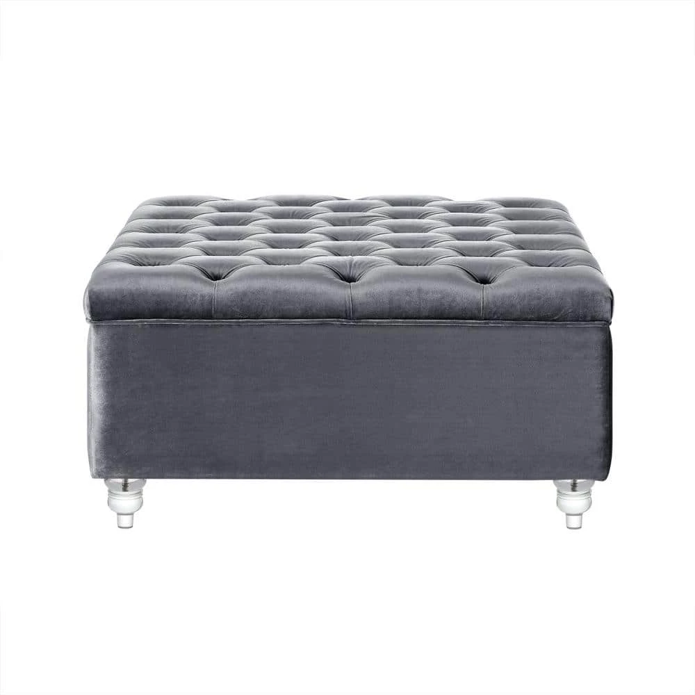 Saige Grey Velvet Tufted Square Acrylic Leg Cocktail Table Storage Ottoman by Inspired Home 8 Saige Grey Velvet Tufted Square Acrylic Leg Cocktail Table Storage Ottoman by Inspired Home - Image 6