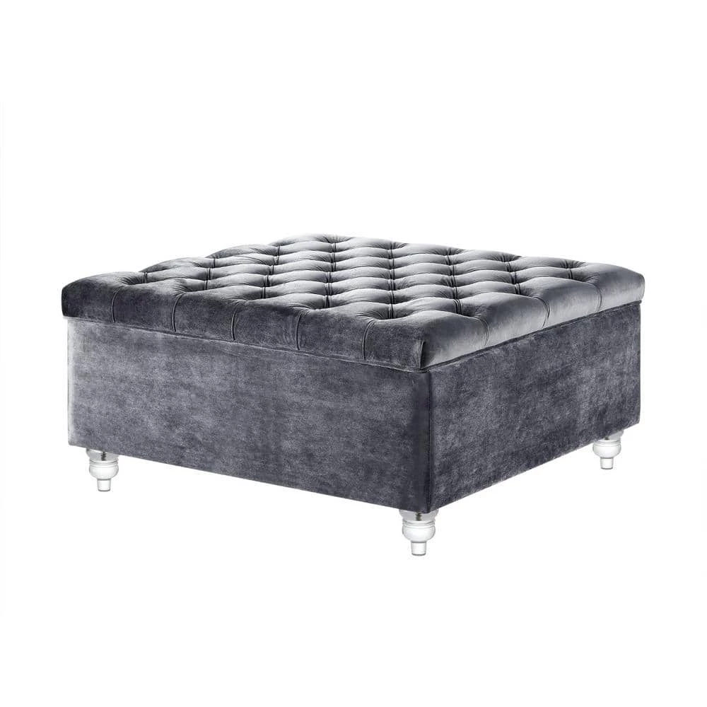 Saige Grey Velvet Tufted Square Acrylic Leg Cocktail Table Storage Ottoman by Inspired Home 6 Saige Grey Velvet Tufted Square Acrylic Leg Cocktail Table Storage Ottoman by Inspired Home - Image 4