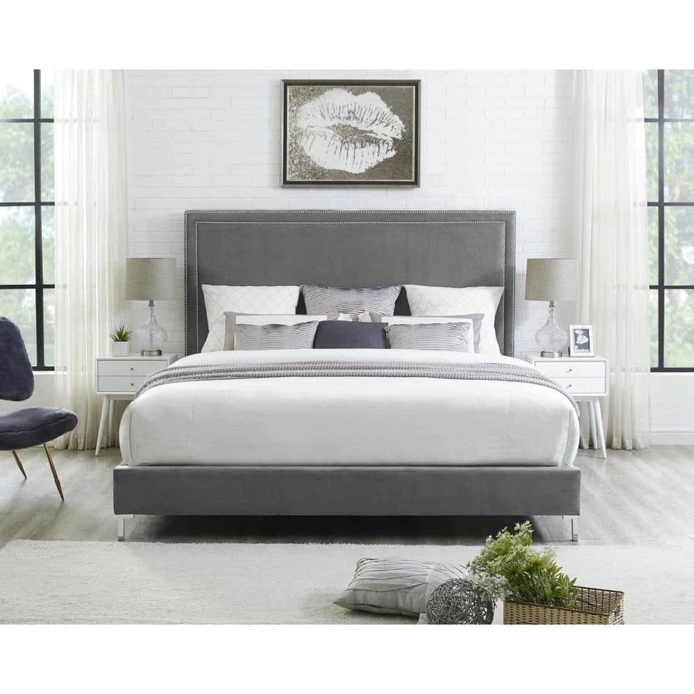 Samuele Grey Velvet Nailhead Trim Platform King Bed by Inspired Home 10 Samuele Grey Velvet Nailhead Trim Platform King Bed by Inspired Home - Image 8