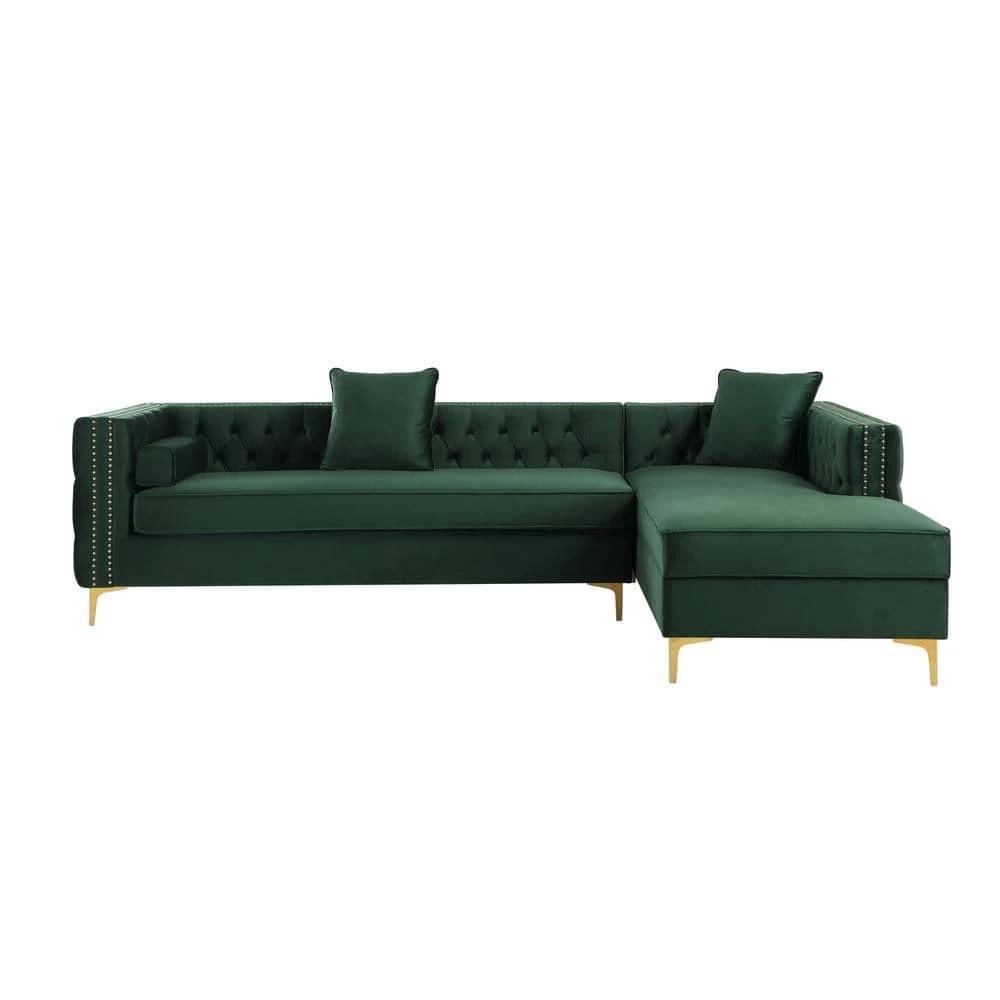 Olivia Hunter Green/Silver/Gold Velvet 4-Seater L-Shaped Right-Facing Sectional Sofa with Nailheads by Inspired Home 8 Olivia Hunter Green/Silver/Gold Velvet 4-Seater L-Shaped Right-Facing Sectional Sofa with Nailheads by Inspired Home - Image 6