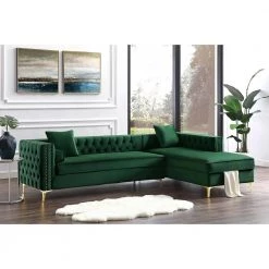 Olivia Hunter Green/Silver/Gold Velvet 4-Seater L-Shaped Right-Facing Sectional Sofa with Nailheads by Inspired Home