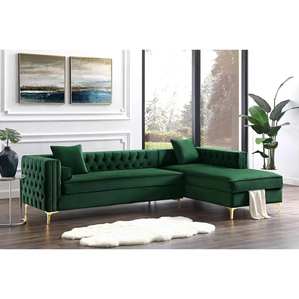 Olivia Hunter Green/Silver/Gold Velvet 4-Seater L-Shaped Right-Facing Sectional Sofa with Nailheads by Inspired Home 3 Olivia Hunter Green/Silver/Gold Velvet 4-Seater L-Shaped Right-Facing Sectional Sofa with Nailheads by Inspired Home