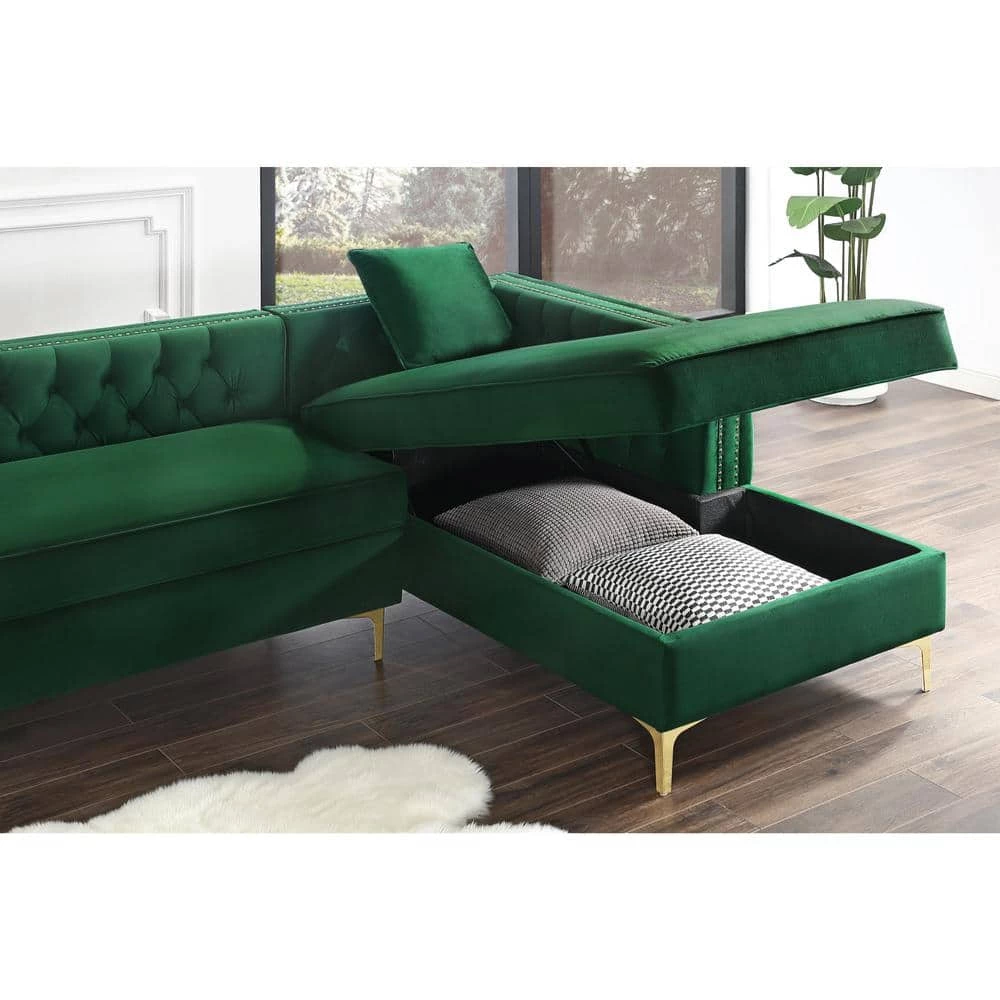 Olivia Hunter Green/Silver/Gold Velvet 4-Seater L-Shaped Right-Facing Sectional Sofa with Nailheads by Inspired Home 6 Olivia Hunter Green/Silver/Gold Velvet 4-Seater L-Shaped Right-Facing Sectional Sofa with Nailheads by Inspired Home - Image 4
