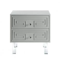 Isobel Greek Key Light Grey End Table Lacquered Lucite Leg Nightstand by Inspired Home