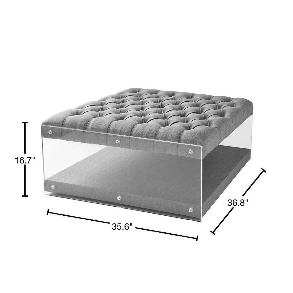 Fleur Light Grey Linen Ottoman Cocktail Table with Button Tufted Clear Acrylic Sides by Inspired Home 5 Fleur Light Grey Linen Ottoman Cocktail Table with Button Tufted Clear Acrylic Sides by Inspired Home - Image 3