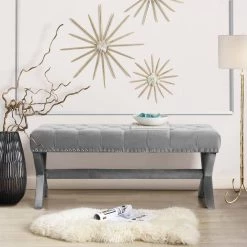 Bryoni Light Grey Velvet Bench Button Tufted Nailhead Trim X-Leg by Inspired Home