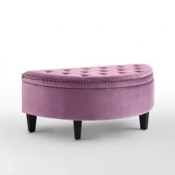 Tabitha Mauve Velvet Button Tufted Gold Nailhead Trim Half Moon Storage Ottoman by Inspired Home