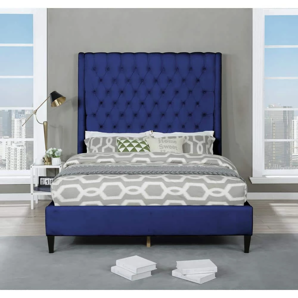 Bellanova Navy Blue Tufted Velvet King Platform Bed by Best Master Furniture 6 Bellanova Navy Blue Tufted Velvet King Platform Bed by Best Master Furniture - Image 4