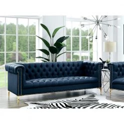 Ramona 33.8 in. Navy/Gold Faux Leather 3-Seater Tuxedo Sofa with Nailheads by Inspired Home