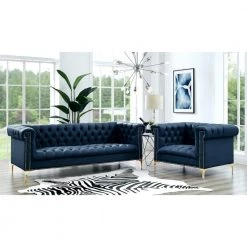 Ramona 33.8 in. Navy/Gold Faux Leather 3-Seater Tuxedo Sofa with Nailheads by Inspired Home -Inspired Home Sales Store navy gold pu leather inspired home sofas couches sa40 01ny hd c3 1000