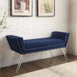 Lexi Navy Velvet Ottoman Bench Nailhead Trim Acrylic Legs by Inspired Home