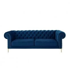 Journie Collection 38.5 in. Wide Flared Arms Velvet Upholstery Traditional Straight Shaped Button Tufted Sofa in Blue by Inspired Home