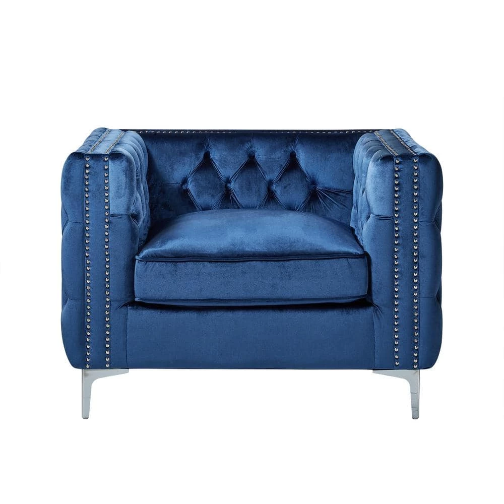 Olivia Velvet Club Arm Chair Navy Button Tufted Nailhead Trim Metal Y-Leg by Inspired Home 7 Olivia Velvet Club Arm Chair Navy Button Tufted Nailhead Trim Metal Y-Leg by Inspired Home - Image 5