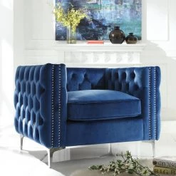 Olivia Velvet Club Arm Chair Navy Button Tufted Nailhead Trim Metal Y-Leg by Inspired Home