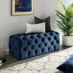 Norman Navy Velvet Tufted Allover Upholstered Bench by Inspired Home