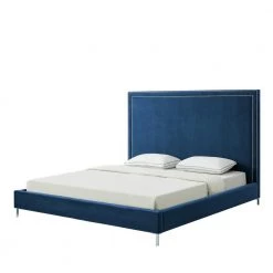 Samuele Navy Velvet Nailhead Trim Platform King Bed by Inspired Home