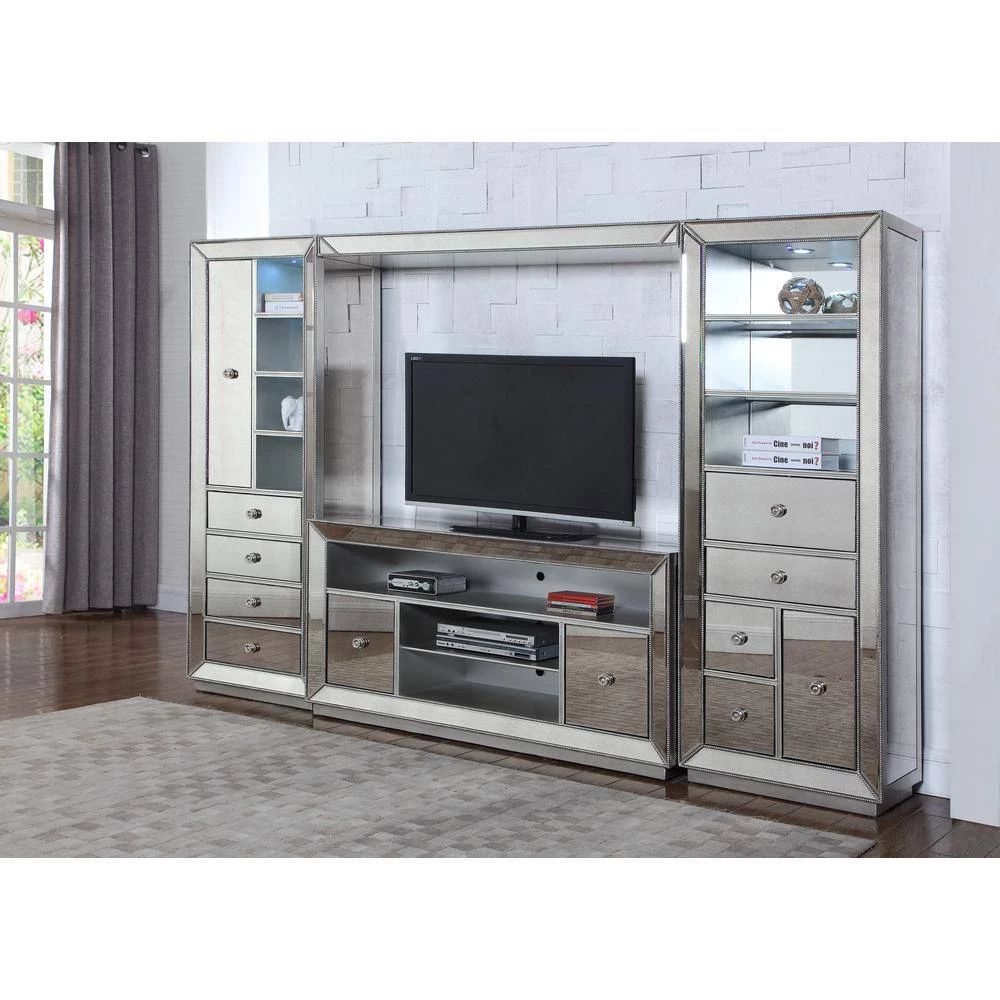Winney 112 in. W x 16 in. D x 74 in. H Silver Mirrored Entertainment Center (4-Pieces) by Best Master Furniture 7 Winney 112 in. W x 16 in. D x 74 in. H Silver Mirrored Entertainment Center (4-Pieces) by Best Master Furniture - Image 5