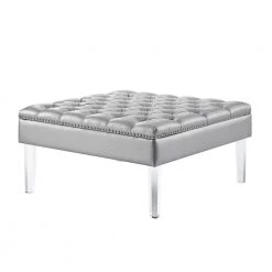 Skye PU Leather Silver/Silver Button Tufted Nailhead Trim Acrylic Leg Square Cocktail Table Ottoman by Inspired Home