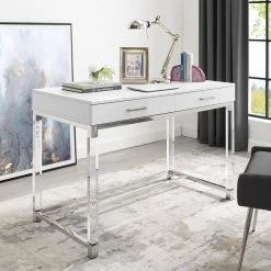 Caspian White/Chrome Writing Desk with High Gloss Finish by Inspired Home -Inspired Home Sales Store white chrome inspired home computer desks dk159 09we hd 31 1000