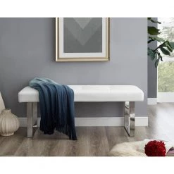 Alonso White/Chrome PU Leather Bench Square Tufted Metal Leg by Inspired Home