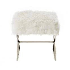 Elora White/Chrome Upholstered X-Leg Faux Fur Ottoman by Inspired Home -Inspired Home Sales Store white chrome inspired home ottomans on67 06we hd 44 1000