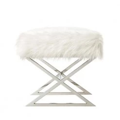 Elora White/Chrome Upholstered X-Leg Faux Fur Ottoman by Inspired Home -Inspired Home Sales Store white chrome inspired home ottomans on67 06we hd 4f 1000