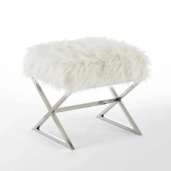 Elora White/Chrome Upholstered X-Leg Faux Fur Ottoman by Inspired Home -Inspired Home Sales Store white chrome inspired home ottomans on67 06we hd c3 1000