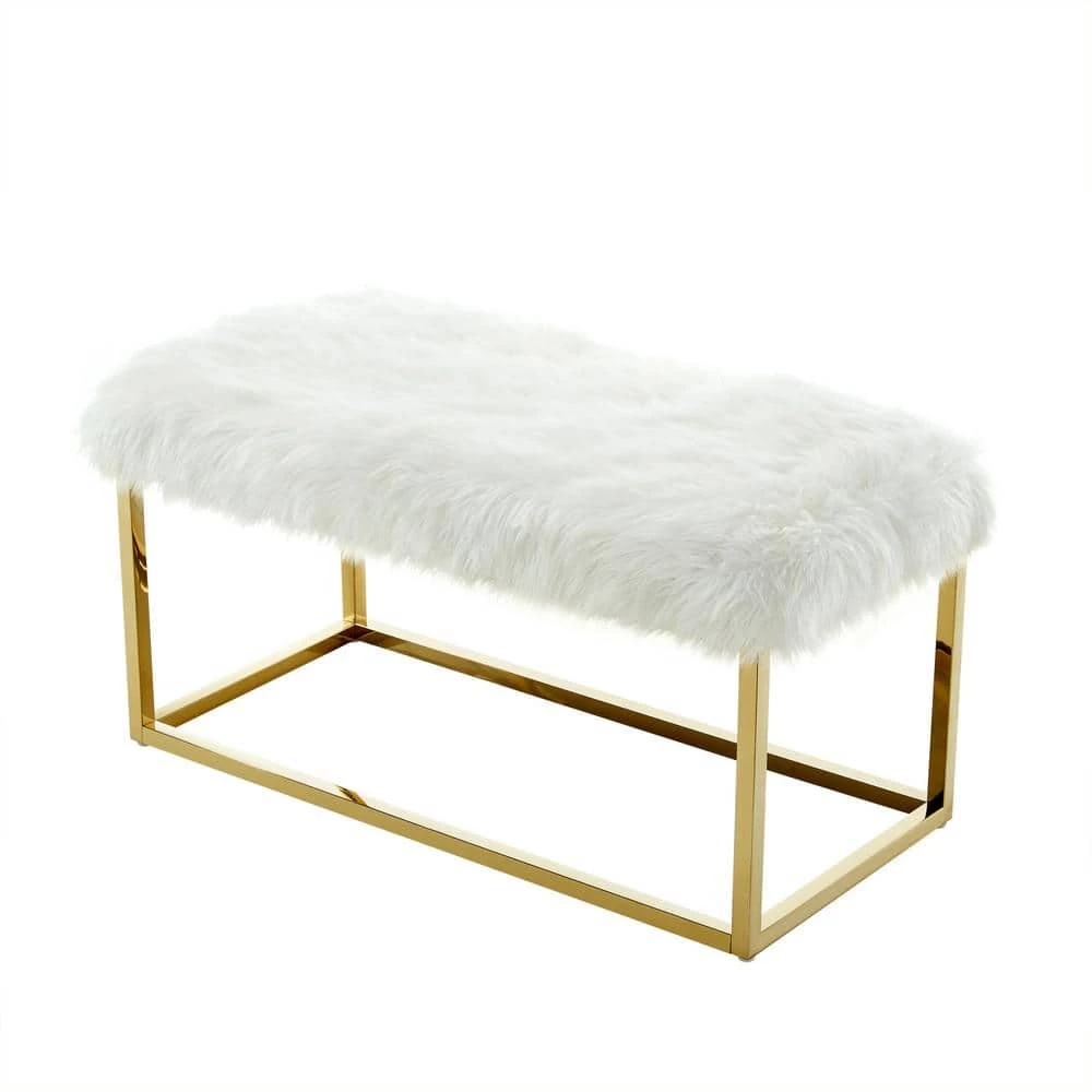 Verity White/Gold Faux Fur Ottoman Bench with Metal Frame by Inspired Home 6 Verity White/Gold Faux Fur Ottoman Bench with Metal Frame by Inspired Home - Image 4