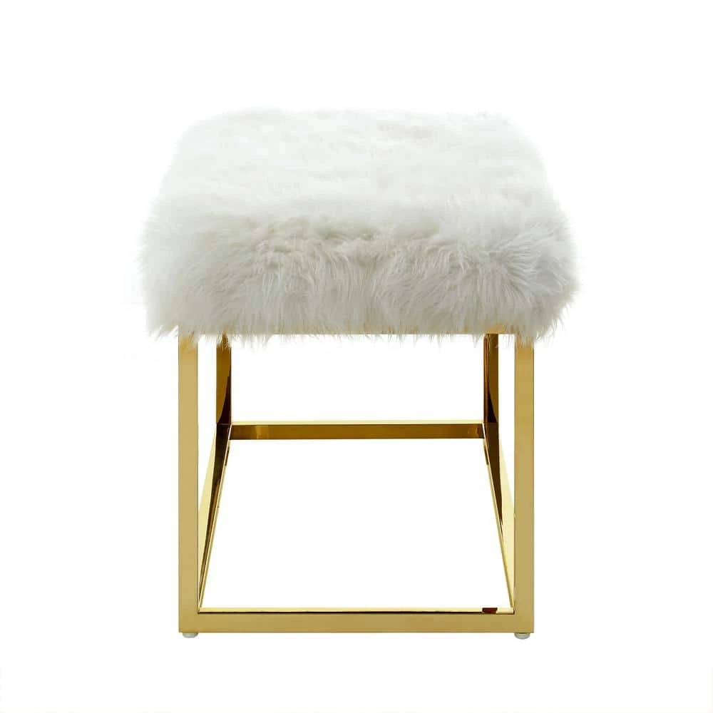 Verity White/Gold Faux Fur Ottoman Bench with Metal Frame by Inspired Home 7 Verity White/Gold Faux Fur Ottoman Bench with Metal Frame by Inspired Home - Image 5