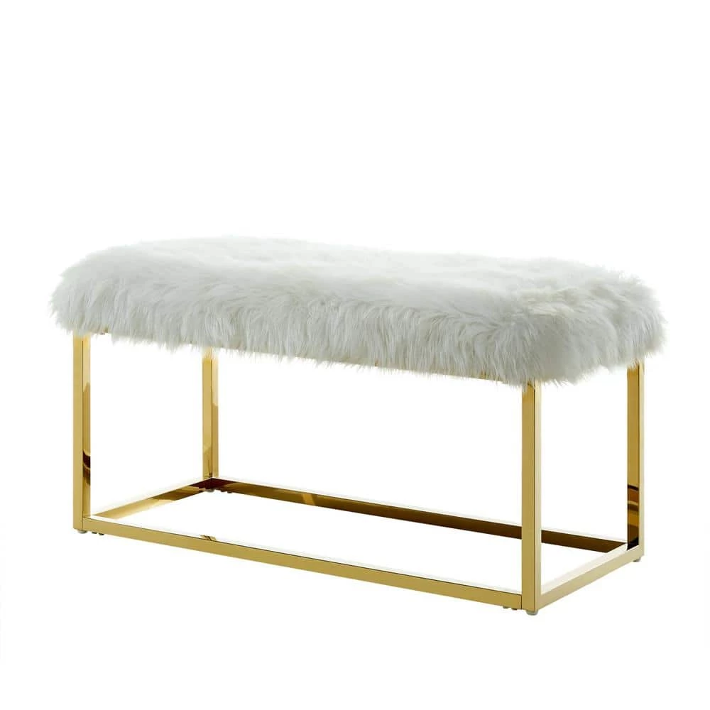 Verity White/Gold Faux Fur Ottoman Bench with Metal Frame by Inspired Home 5 Verity White/Gold Faux Fur Ottoman Bench with Metal Frame by Inspired Home - Image 3